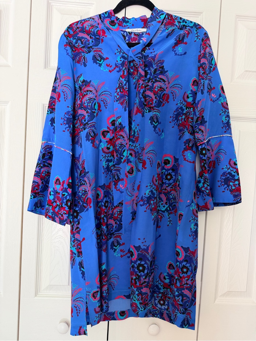 Robert Graham Bright Blue Floral Tie-Neck Bell Sleeve Dress